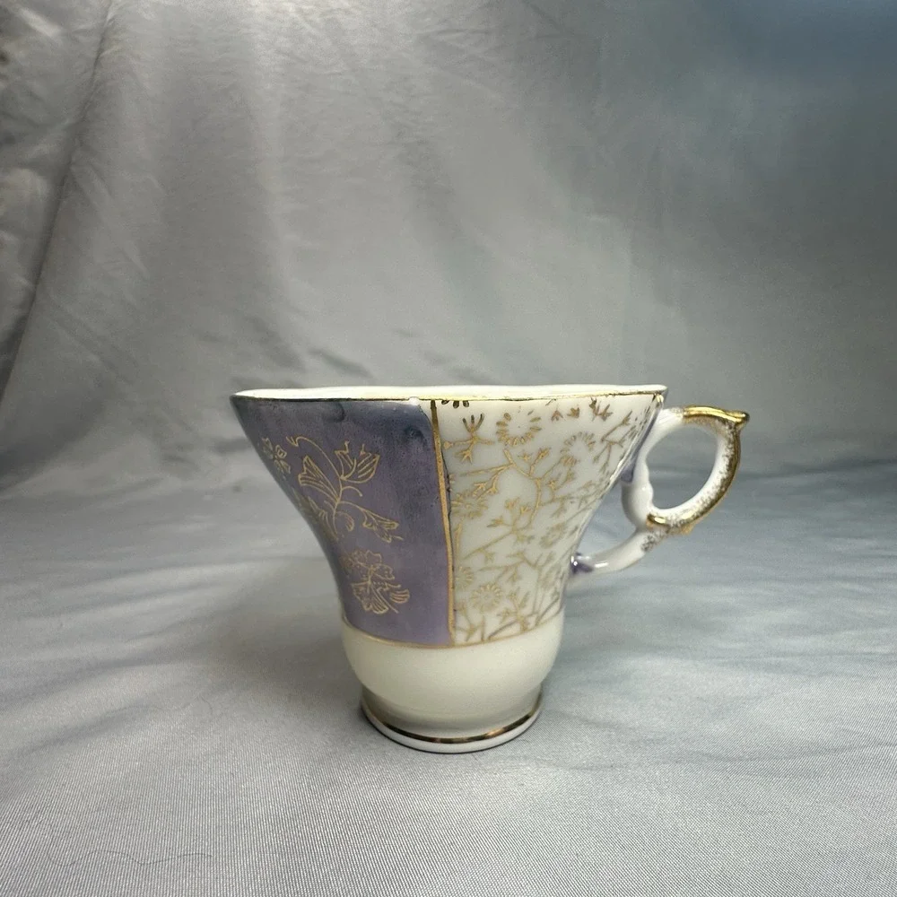 Vintage Lavender Lusterware Tea Cup Saucer Japan Gold Floral Iridescent 1950 Set